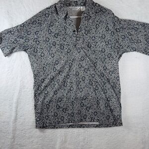 Lilly Dache Mens Blue White Geometric Honeycomb Print Short Sleeve Polo Shirt L